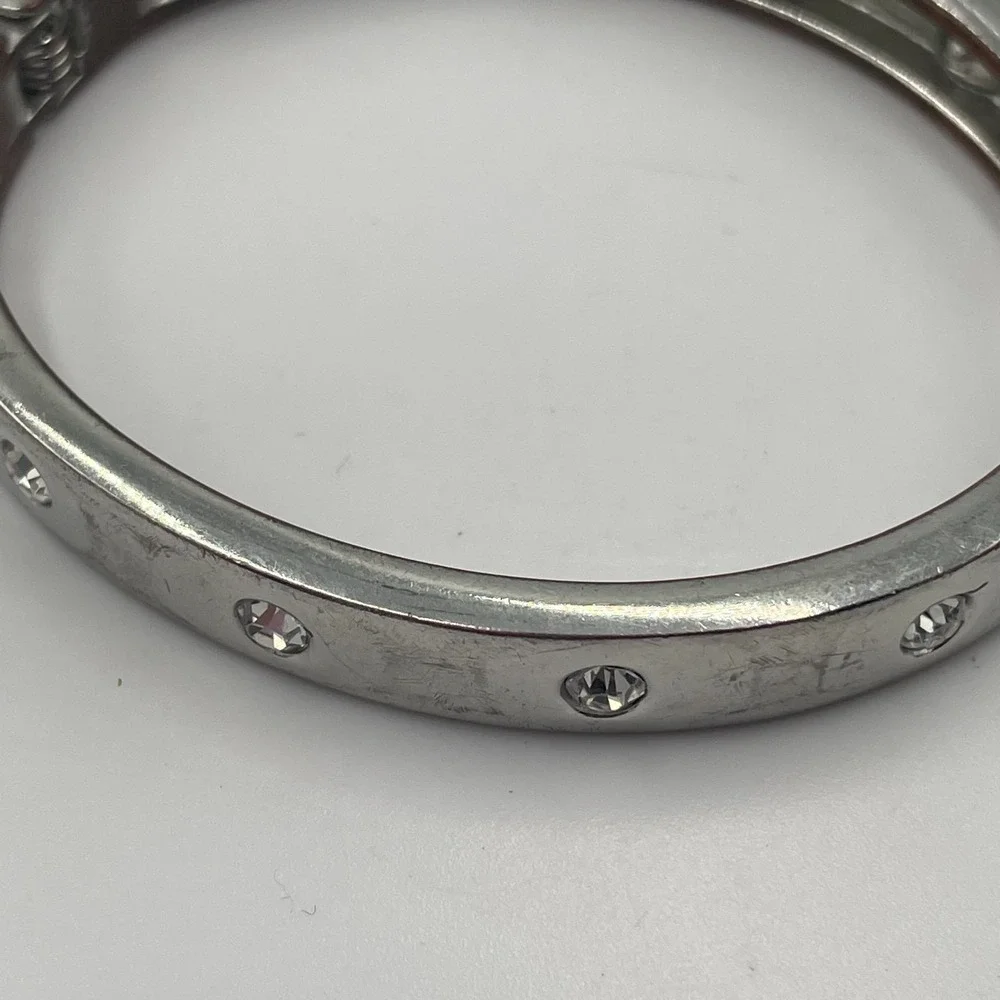 Vintage Y2K Silver Tone Rhinestone Inset Hinge Bangle Minimalist Bracelet